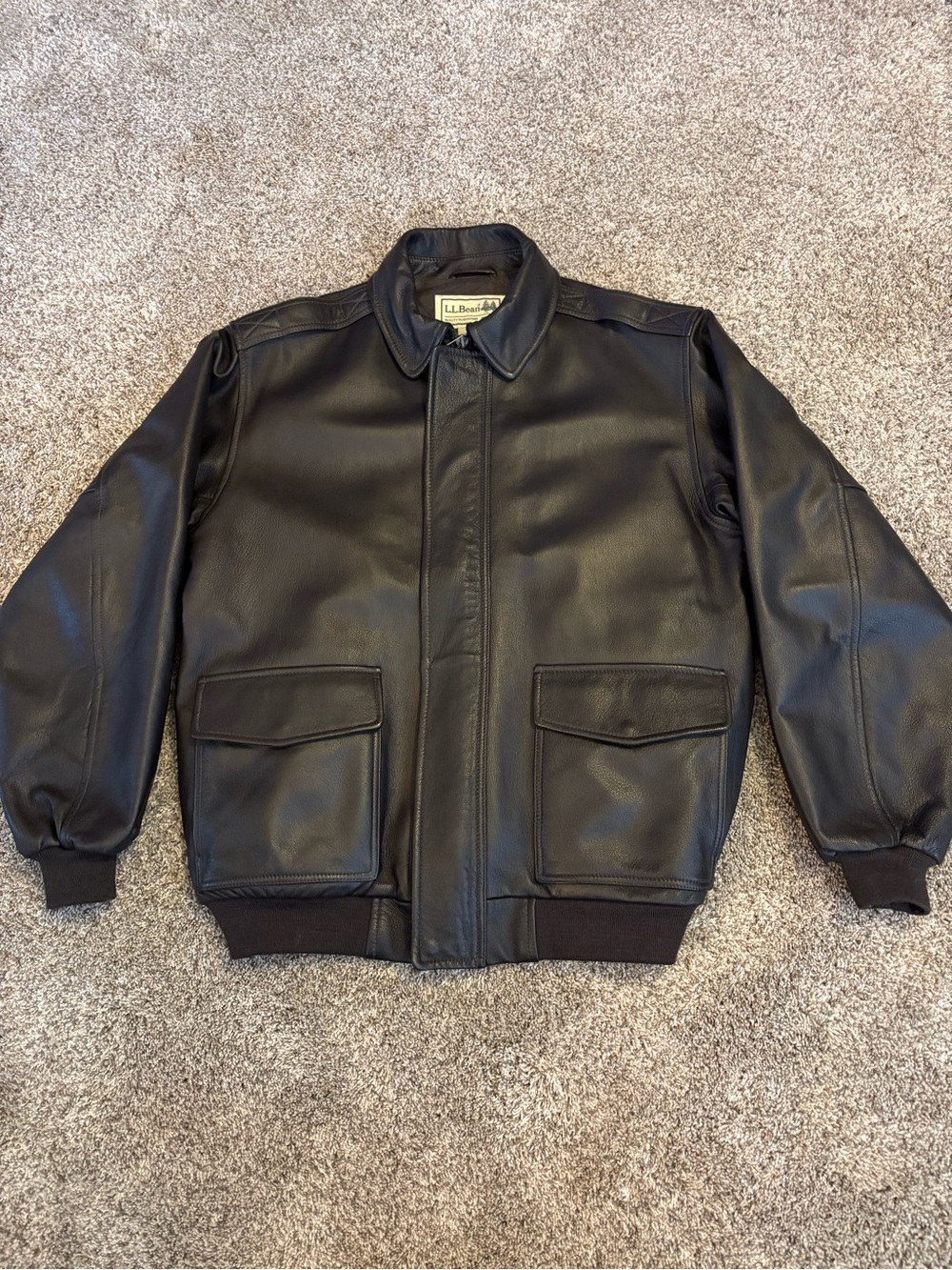 Vintage L.L.Bean Leather A-2 Bomber Flight Jacket Mens Large Tall Black Goatskin